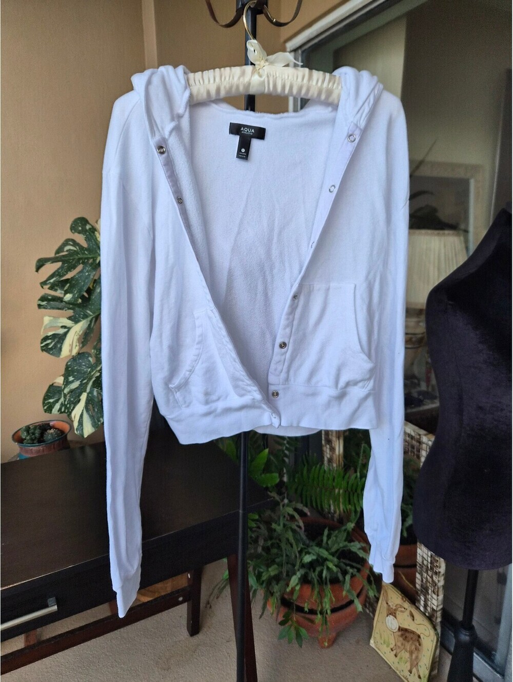 AQUA Athletic White Snap-Front Cropped Hoodie Size S